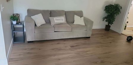 Bright living room with newly installed wood-look vinyl plank flooring, Howard City